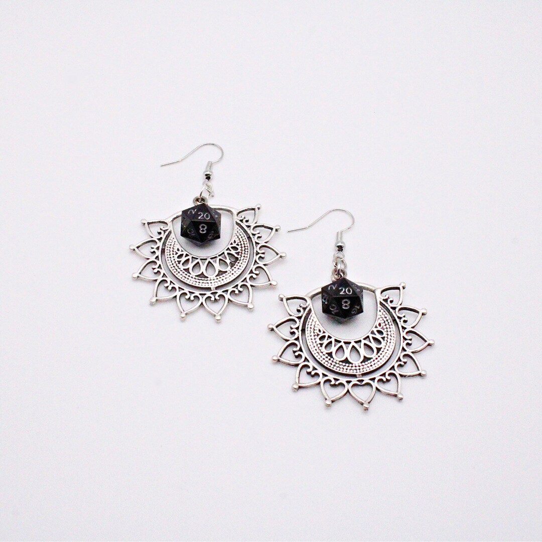 Mini Black Silver Star D20 Earrings Dice Earrings Black Dice Dice