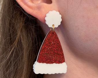 Red Glitter Acrylic Santa or Misses Clause Festive Christmas Holiday Dangling Handmade Hat Earrings