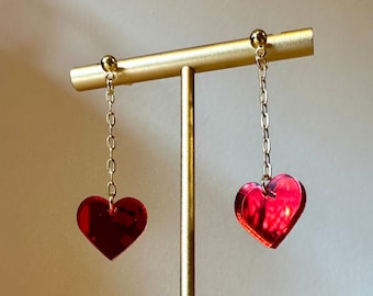 Romantic Valentine Glowing Bright Red Heart in Mirror Acrylic Earrings with Gold or Unplated Stainless Steel Ball Post