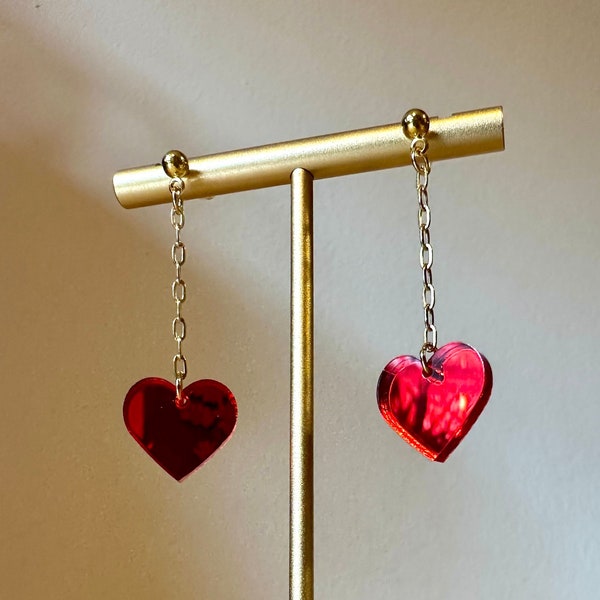 Romantic Valentine Glowing Bright Red Heart in Mirror Acrylic Earrings with Gold or Unplated Stainless Steel Ball Post