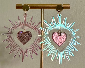 Romantic Statement Glowing Iridescent Radiant Halo with Pink Glitter Holographic Heart Gold Stainless Steel Round Post