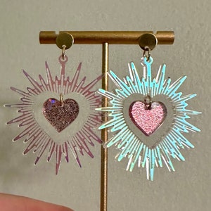 Romantic Statement Glowing Iridescent Radiant Halo with Pink Glitter Holographic Heart Gold Stainless Steel Round Post