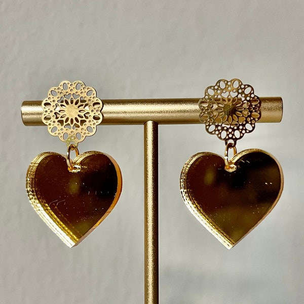 Romantic Statement Valentine Gold Glowing Radiant Heart in Mirror Acrylic Gold Stainless Steel Round Filigree Post Earrrings