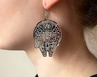 Star Wars Millennium Falcon Blueprint Rebel Alliance Silver Mirror Acrylic Sterling Silver Dangle Earrings