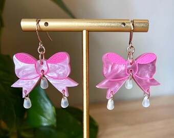 Romantic pink pearl hand painted rose gold plated pearl triple Czech glass bead dangle statement acrylic earrings