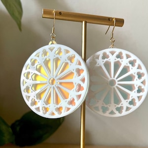 Gothic architecture rose window iridescent frosted acrylic stained glass detail  earrings hypoallergenic stainless steel or gold steel