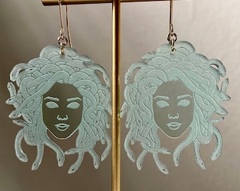 Medusa : Spoils of Perseus Medusa's Head Snake Greek Mythology Brass or Sterling Silver 925 Green Glass Acrylic Dangle Earrings