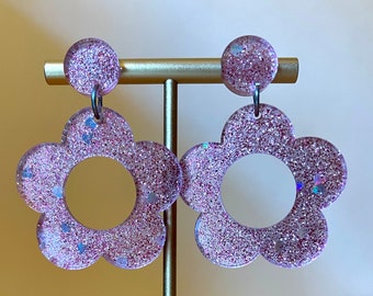 Holographic Hearts and Pink Glitter Romantic Floral Retro Earrings on Matching Hypoallergenic Steel Studs