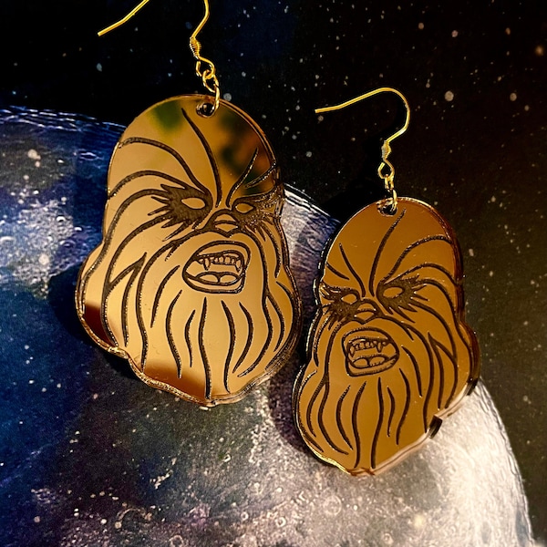 Star Wars Chewbacca Head Rebel Alliance Force Yellow Gold Mirror Acrylic Dangle Earrings OR Pendant Gold Bronze Stainless Steel