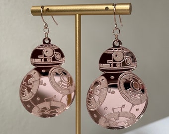 BB8 Star Wars Rebel Alliance Force Rose Gold Mirror Acrylic Dangle Earrings 14k Plated Brass