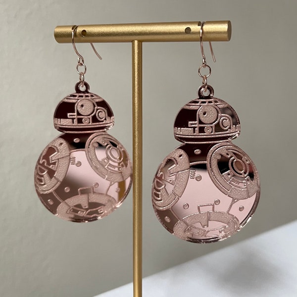 BB8 Star Wars Rebel Alliance Force Rose Gold Mirror Acrylic Dangle Earrings 14k Plated Brass