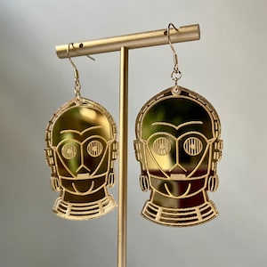 Star Wars C3PO Head Rebel Alliance Force Yellow Gold Mirror Acrylic Dangle Earrings Gold Stainless Steel