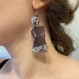Aphrodite Venus de Milo Sculpture Gray Translucent Hand Painted Acrylic Dangle Earrings Ancient Hellenistic Greek Mythology Goddess