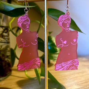 Aphrodite Venus de Milo Sculpture Statue Pink Heart Hand Painted Acrylic Rose Gold Earrings Ancient Hellenistic Greek Mythology Goddess