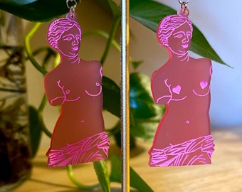 Aphrodite Venus de Milo Sculpture Statue Pink Heart Hand Painted Acrylic Rose Gold Earrings Ancient Hellenistic Greek Mythology Goddess