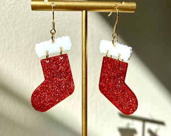 Red Glitter Acrylic Festive Christmas Stocking Dangle Earrings