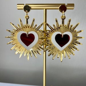 Romantic Statement Gold Glowing Radiant Halo with Dark Heart in Mirror Acrylic Earrings with Gold Stainless Steel Round Post image 5