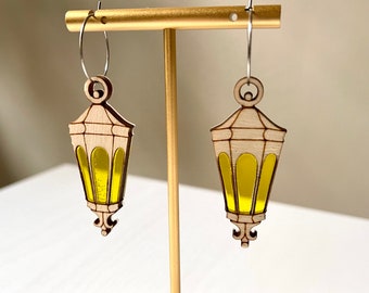 Yellow Wooden Lamp Lantern Stained Glass Hoop Dangle Earrings Silver or Gold