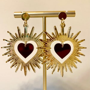 Romantic Statement Gold Glowing Radiant Halo with Dark Heart in Mirror Acrylic Earrings with Gold Stainless Steel Round Post