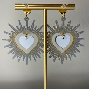 Romantic Statement Gold Glowing Radiant Halo with Dark Heart in Mirror Acrylic Earrings with Gold Stainless Steel Round Post image 6