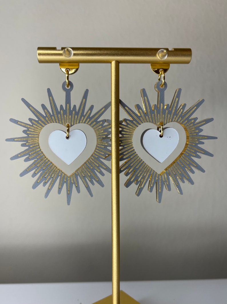 Romantic Statement Gold Glowing Radiant Halo with Dark Heart in Mirror Acrylic Earrings with Gold Stainless Steel Round Post image 6