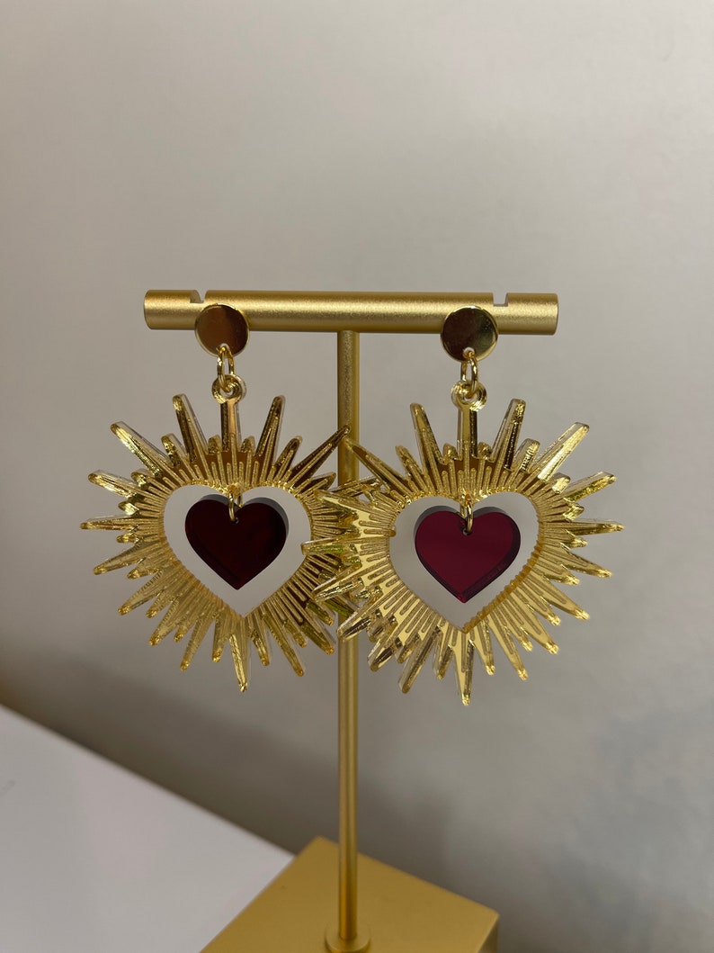Romantic Statement Gold Glowing Radiant Halo with Dark Heart in Mirror Acrylic Earrings with Gold Stainless Steel Round Post image 2