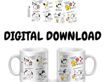 Könnte beinhalten: Zwei weiße Keramiktassen mit schwarz-weißen Illustrationen von Snoopy und Woodstock. Die Designs zeigen verschiedene Posen und spanische Textphrasen wie Un Cafecito, Un Abracito und Un Rayito de Sol, ergänzt durch Noten und kleine Herzen.