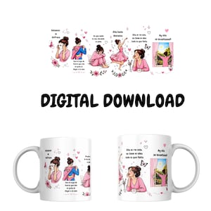 May include: White ceramic mug featuring a design with illustrations and text in Spanish. The design includes images of a woman in various poses, with phrases like "Entonces se disfraza" and "Ay ella se levantaaaa!!" The words "DIGITAL DOWNLOAD" are also present.