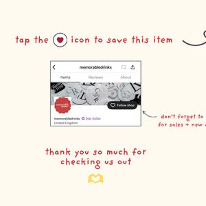 Puede incluir: Una captura de pantalla de una p&aacute;gina de tienda Etsy para "memorabledrinks". La imagen de la pancarta de la tienda muestra una variedad de etiquetas de bebidas personalizadas. El nombre de la tienda, "memorabledrinks", se muestra en el encabezado, junto con las palabras "Art&iacute;culos", "Opiniones" y "Acerca de". Un icono de coraz&oacute;n con el texto "Seguir tienda" se muestra debajo de la imagen de la pancarta. El texto "no olvides seguir para las ventas + los nuevos dise&ntilde;os" se muestra debajo de la p&aacute;gina de la tienda.