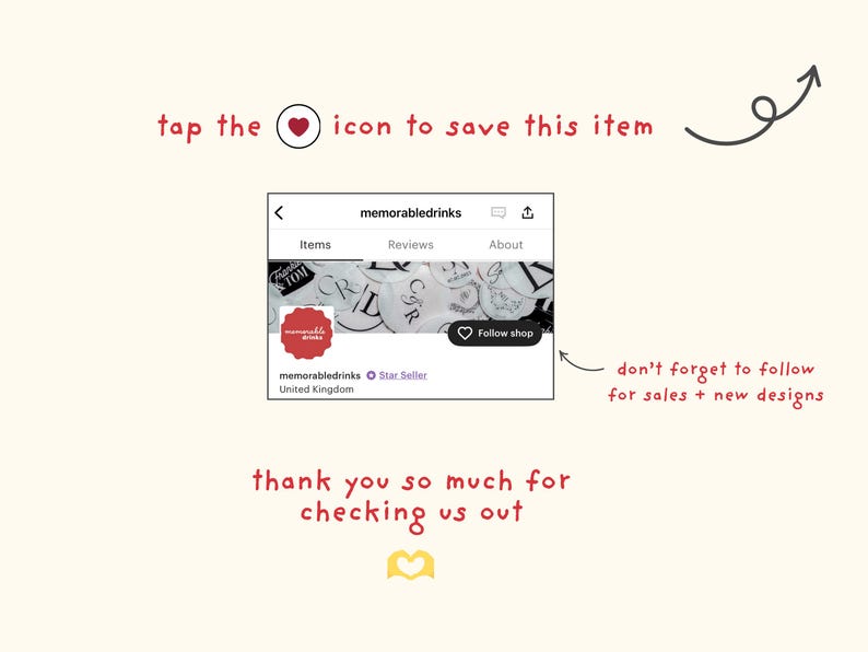 Puede incluir: Una captura de pantalla de una p&aacute;gina de tienda Etsy para "memorabledrinks". La imagen de la pancarta de la tienda muestra una variedad de etiquetas de bebidas personalizadas. El nombre de la tienda, "memorabledrinks", se muestra en el encabezado, junto con las palabras "Art&iacute;culos", "Opiniones" y "Acerca de". Un icono de coraz&oacute;n con el texto "Seguir tienda" se muestra debajo de la imagen de la pancarta. El texto "no olvides seguir para las ventas + los nuevos dise&ntilde;os" se muestra debajo de la p&aacute;gina de la tienda.