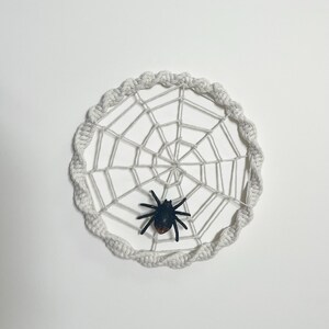 May include: A white crocheted spiderweb dreamcatcher with a black plastic spider in the center.