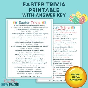 May include: Easter trivia printable with answer key. The image features two sheets with Easter trivia questions and answers. The questions cover topics like Easter candy, egg dyeing, and the Easter Bunny's origins. Colorful Easter eggs are in the corner.