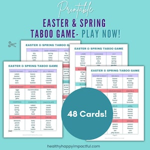 Op de afbeelding: Printbare Taboe-spel over Pasen en lente met 48 kaarten. De kaarten zijn verdeeld in categorieën zoals Paashaas, Eieren zoeken, Jelly Beans, Winderig, Vlinders, Pasen Zondag, Brunch, Taart, Duivelseieren, Pastelkleuren, Jezus en April.