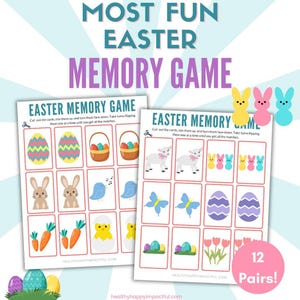 May include: A printable Easter memory game with 12 pairs of images. The images include a basket of eggs, a bunny, a chick, a lamb, a butterfly, a carrot, a flower, and an Easter egg. The game is designed to be cut out and played.