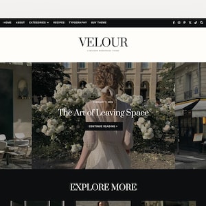 Velour WordPress Theme, WordPress Blog Theme, Feminine WordPress Theme, WordPress Template, Minimalist WordPress theme for Fashion Bloggers