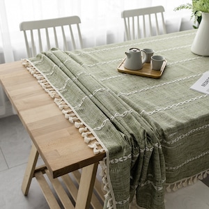 Striped Embroidered Line Polyester Tablecloths, Vintage Natural Table Cloth Rectangle, Indoor Outdoor Wedding Party Table Decor, Custom Size