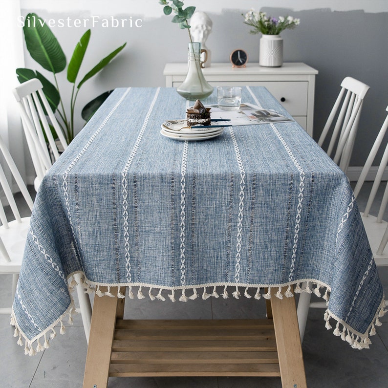 Gestreepte geborduurde lijn polyester tafelkleden, vintage natuurlijk tafelkleed rechthoek, binnen buiten bruiloft feesttafel decor, aangepast formaat afbeelding 9