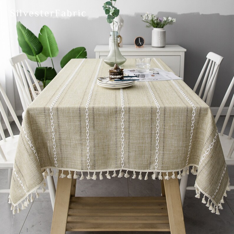 Gestreepte geborduurde lijn polyester tafelkleden, vintage natuurlijk tafelkleed rechthoek, binnen buiten bruiloft feesttafel decor, aangepast formaat Beige