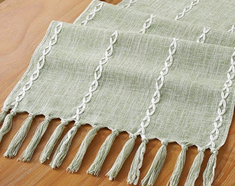 Green French Country Stripes Embroidery Line Vintage Cotton Table Runner, Indoor Outdoor Party Table Decor, For Dining Holiday Farmhouse