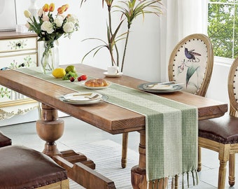 Gestreepte lijn geborduurd vintage katoen Franse lange tafelloper, indoor outdoor party tafel decor, voor dineren feest vakantie boerderij