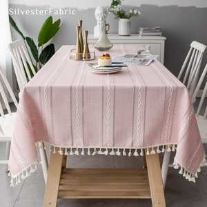 Gestreepte geborduurde lijn polyester tafelkleden, vintage natuurlijk tafelkleed rechthoek, binnen buiten bruiloft feesttafel decor, aangepast formaat Roze