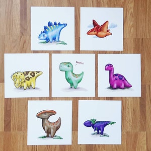 Dino Karten I 7er Set I Illustration I Kunstdruck I Postkarte I Wandbild I Kinderzimmer I jeweils mit Umschlag I 15x15 cm