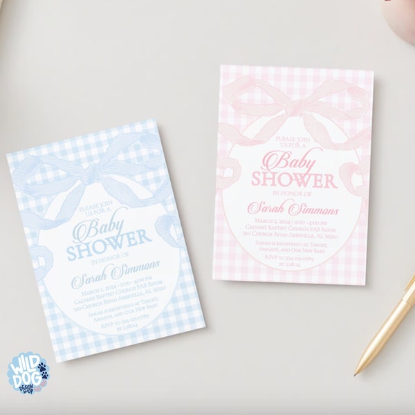 Bow Gingham Grand Millennial | Baby Shower | Invitations | Editable | Instant Download | Pink and Blue