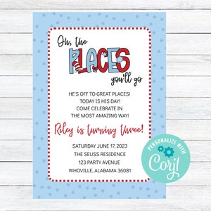 Oh, The Places You&#39;ll Go Dr. Seuss Themed Party Invitation Instant Download Editable