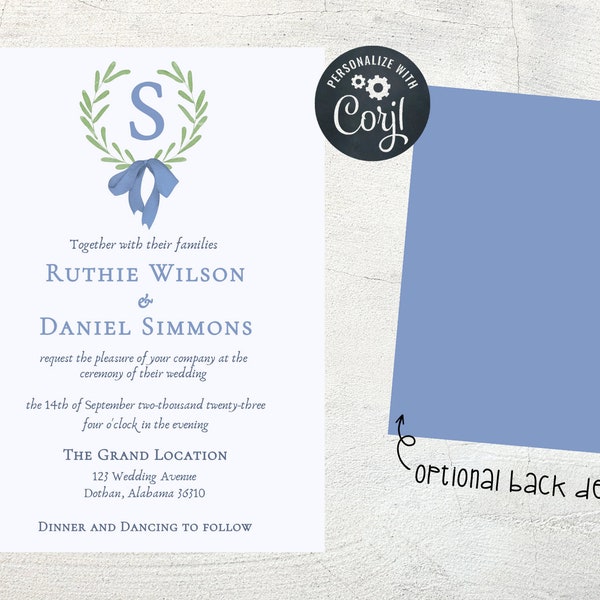 Blue Ribbon Wreath Wedding Invitation Grand Millennial Invitation Editable Instant Download