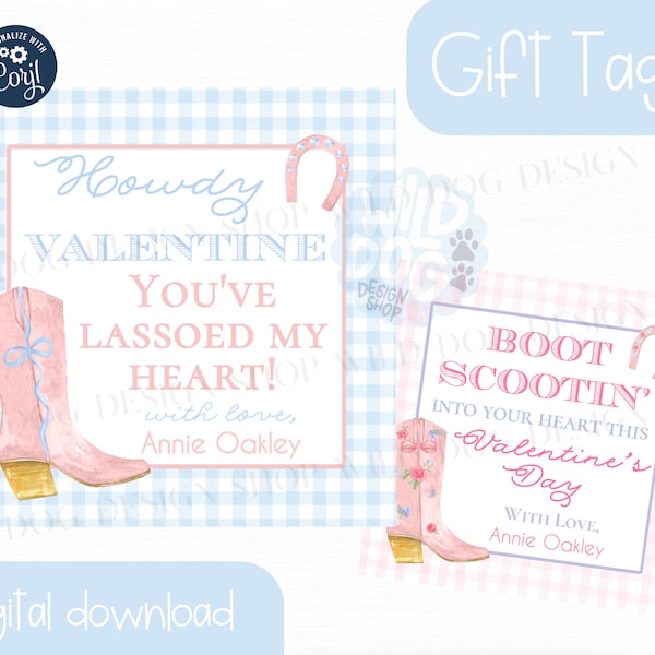 Cowgirl Boot | Gingham Grand Millennial | Valentine's Day | Gift Tag | Editable | Instant Download | Pink and Blue