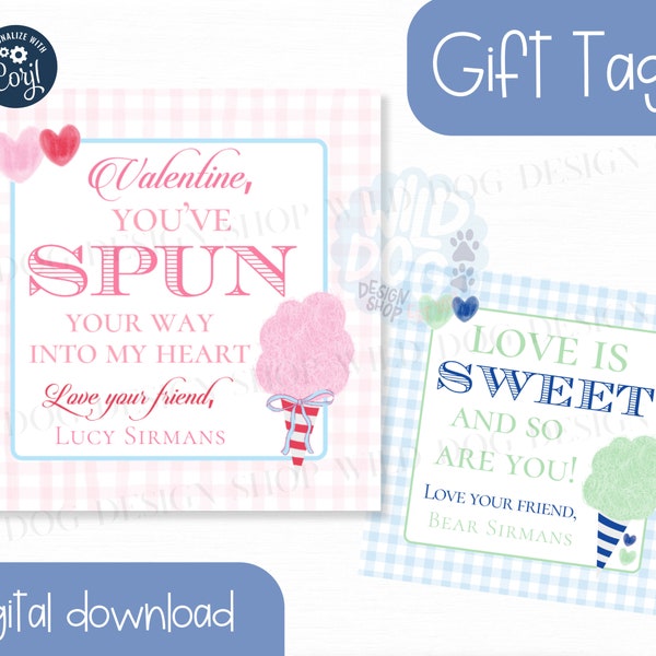 Love is Sweet | Make My Heart Spin | Cotton Candy Valentine's Day | Gift Tag | Editable | Instant Download | Pink Green Blue