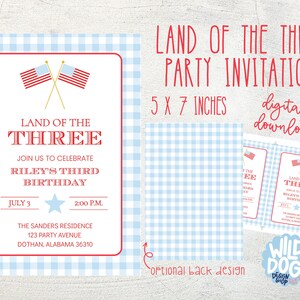 Land of the Three | Blue Gingham | Patriotic Party | Invitation and Thank You Tag | Editable Instant Download
