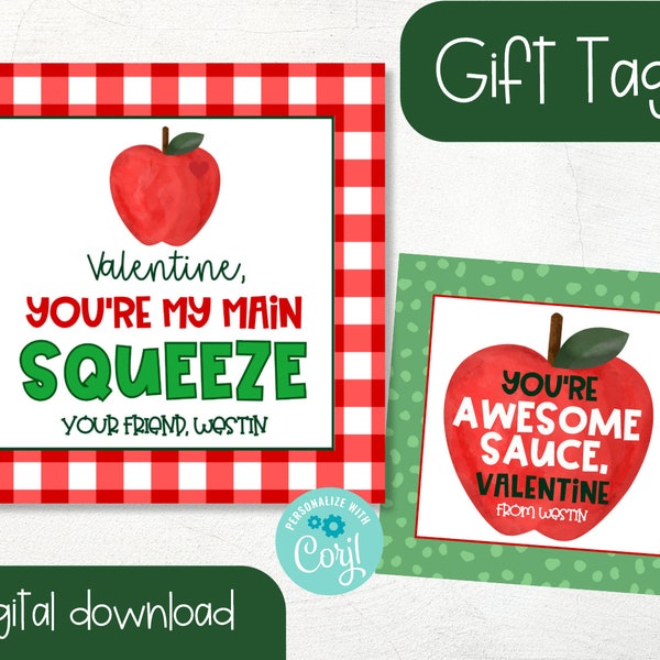 Awesomesauce | Main Squeeze | Apple Sauce Valentine's Day | Gift Tag | Editable | Instant Download | Valentine