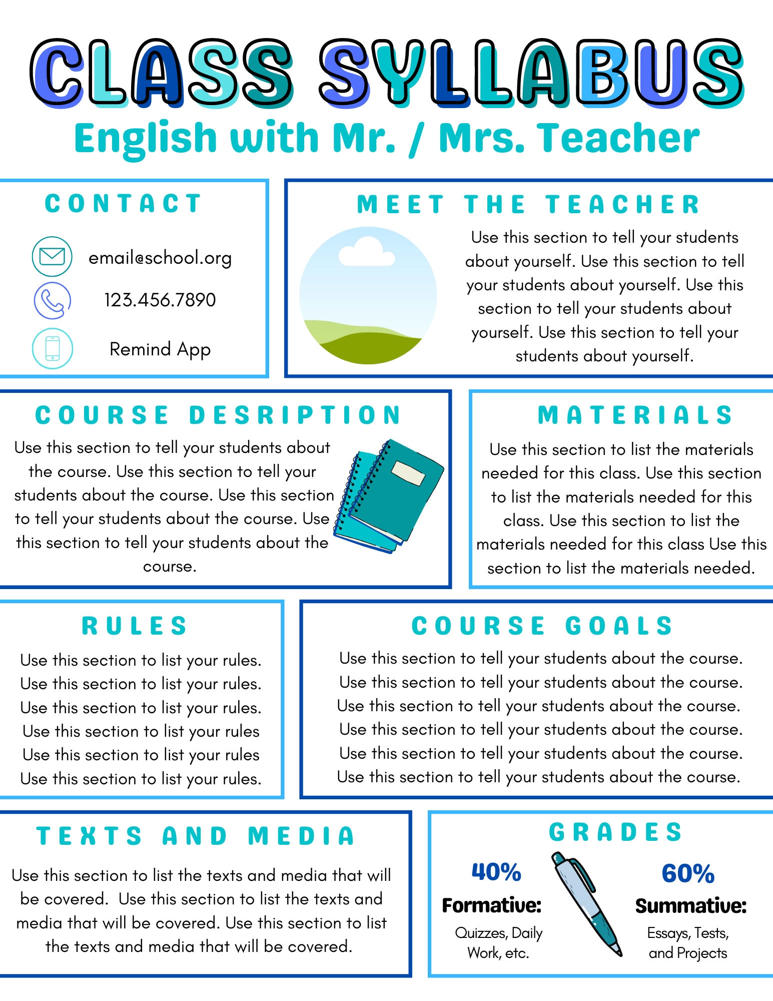 Don't Be Blue | Teacher Class Syllabus | Editable Canva Template - Etsy